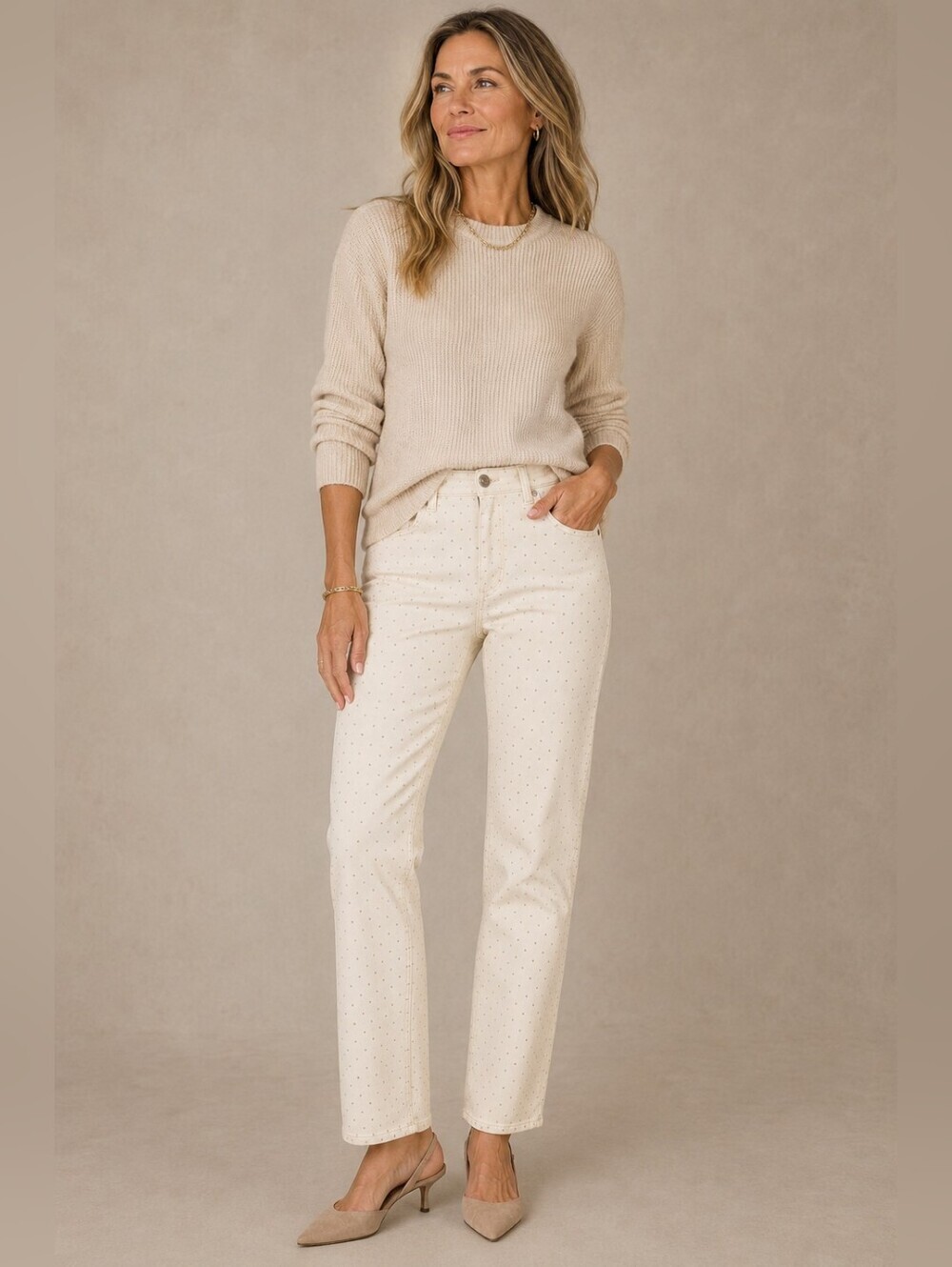 Talbots Velveteen Straight Leg Pants Womens Size 6 Ivory Studded Polka Dot